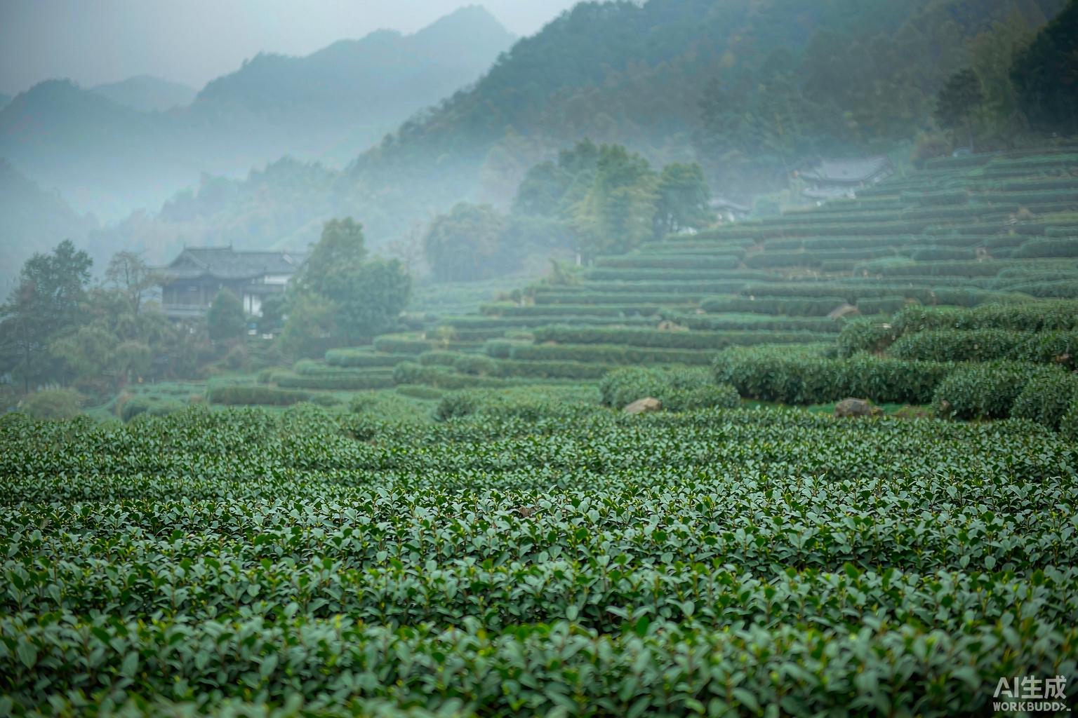 高山茶园山景,云雾环绕茶垄