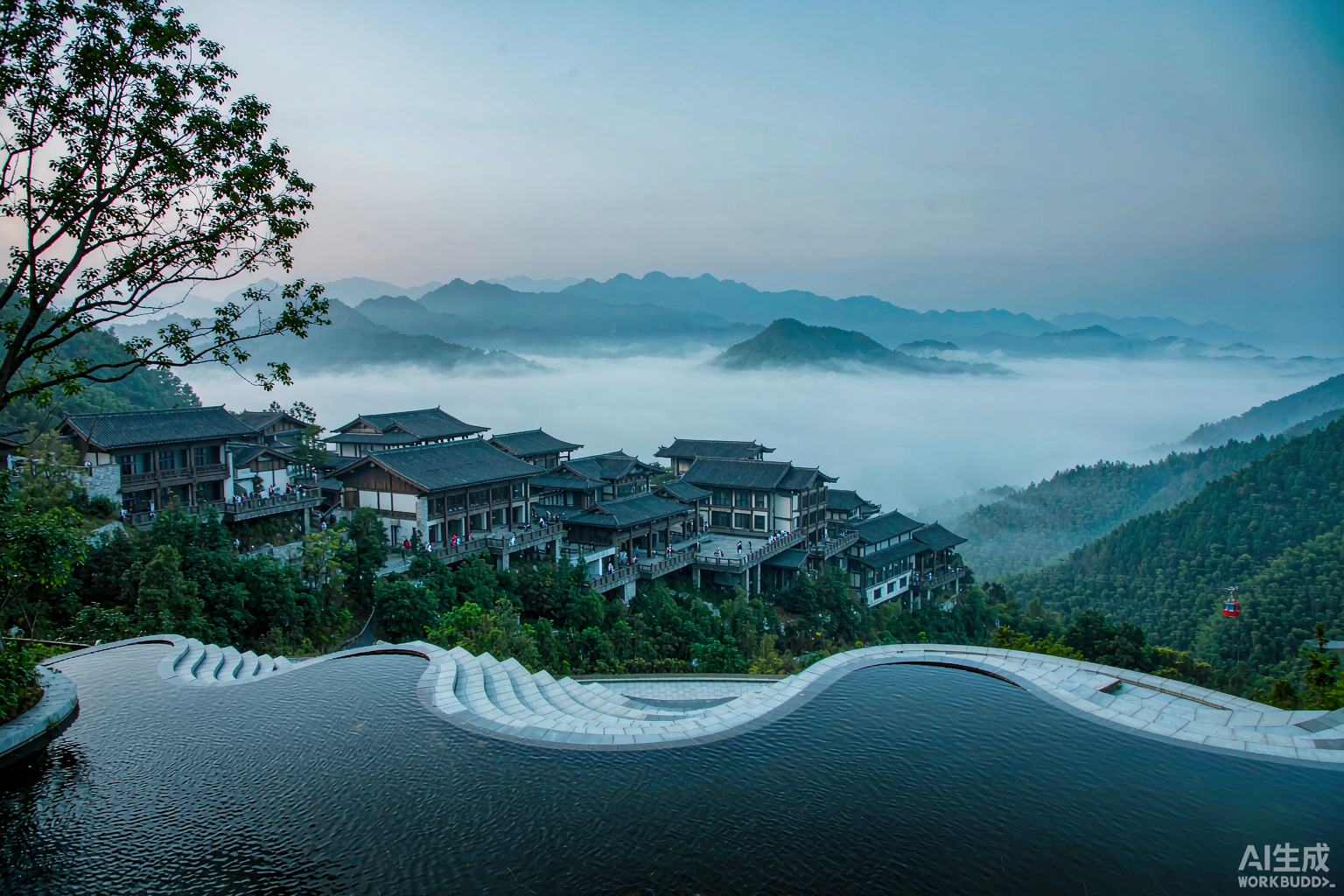 云栖多功能会议空间，远山云海背景