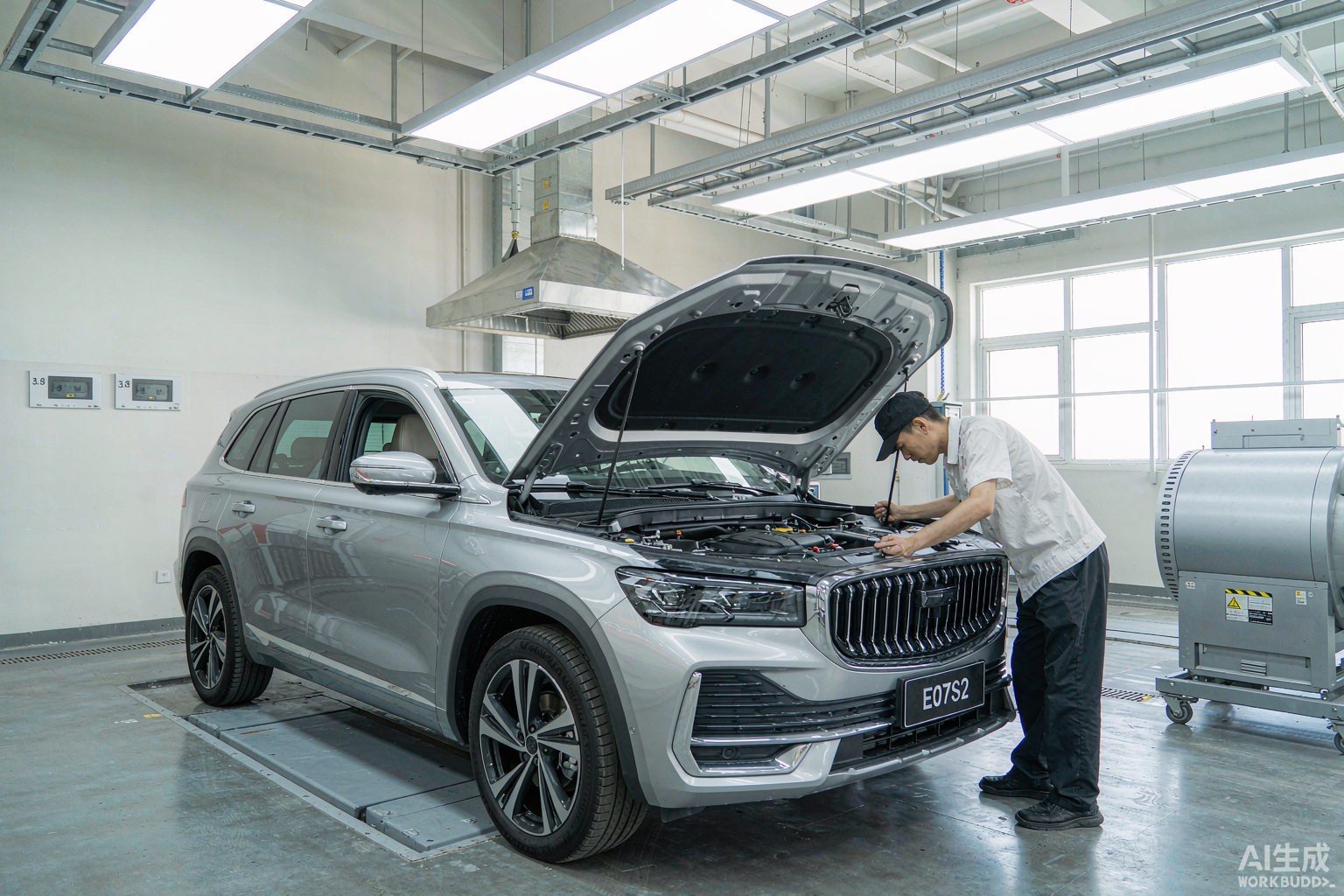 驭道 YUDAO 高级技师在举升机上检查车辆底盘部件